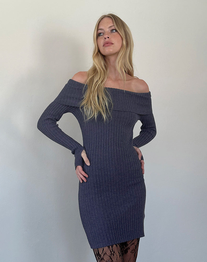 Queeva Knitted Bardot Mini Dress in Dark Charcoal , Long Sleeve Queeva Knitted Bardot Mini Dress in Dark Charcoal , Long Sleeve