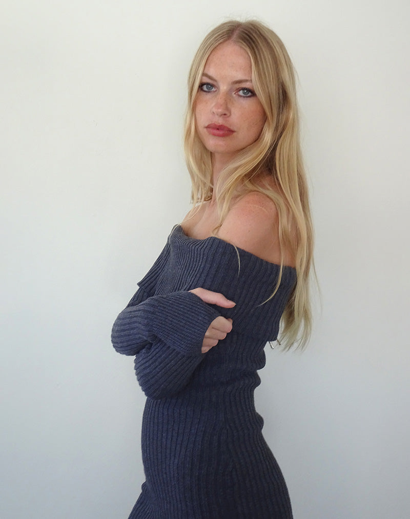 Queeva Knitted Bardot Mini Dress in Dark Charcoal , Long Sleeve