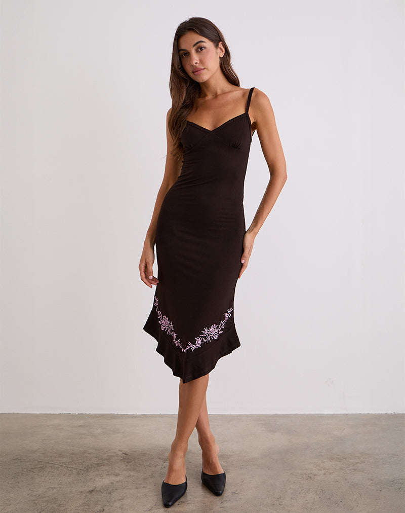 Quelin Midi Dress in Chocolate Brown with Rose Embroidery , Plunge Neckline Quelin Midi Dress in Chocolate Brown with Rose Embroidery , Plunge Neckline