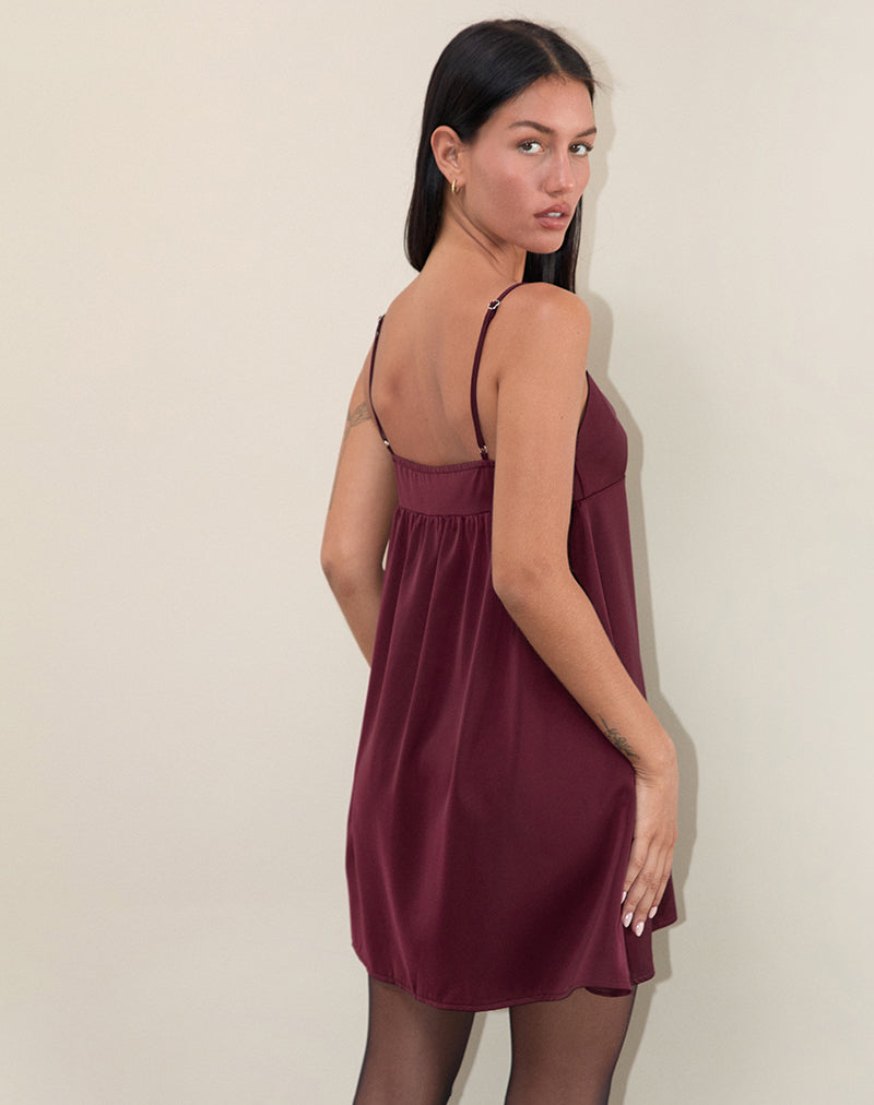 knee length dresses for ladies Satin Slip Mini Dress with Lace Trim x Small / Burgundy / AH3330 main image 0