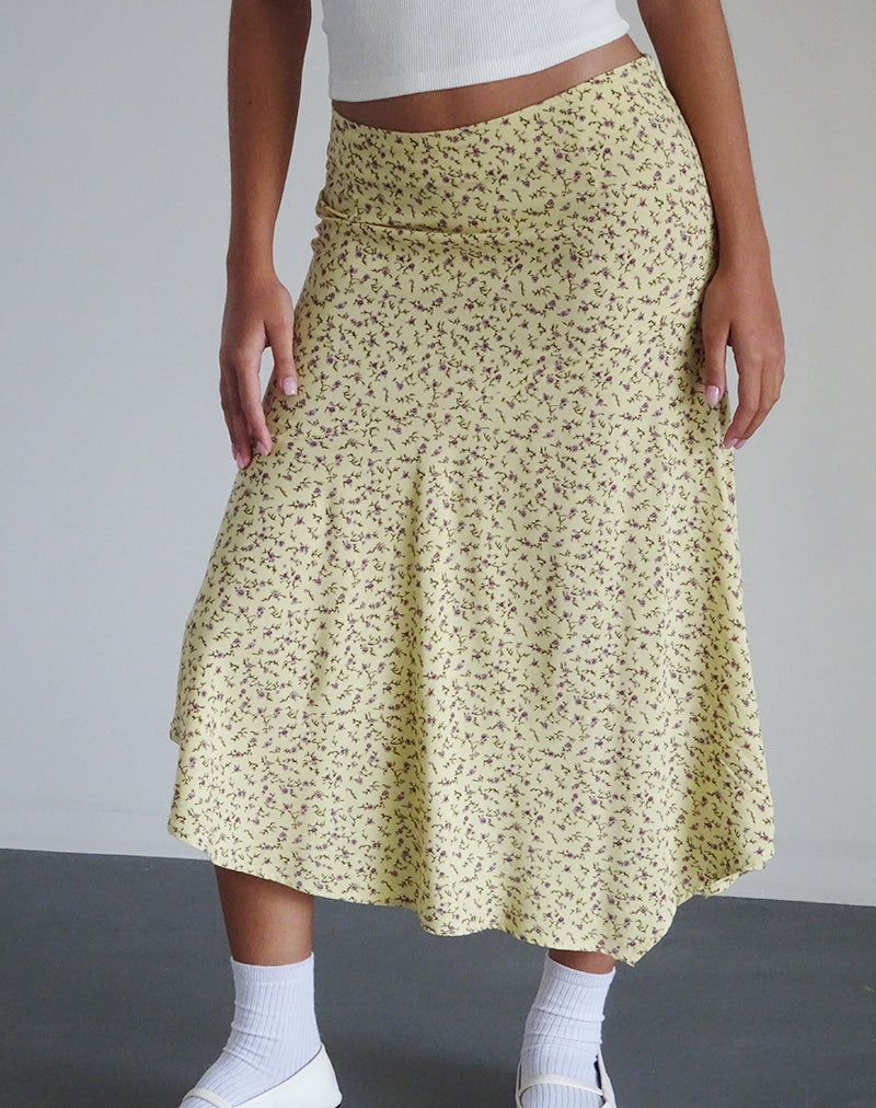 Ditsy Floral Flower Green Skirt Flowing Flower Yellow Midi Skirt