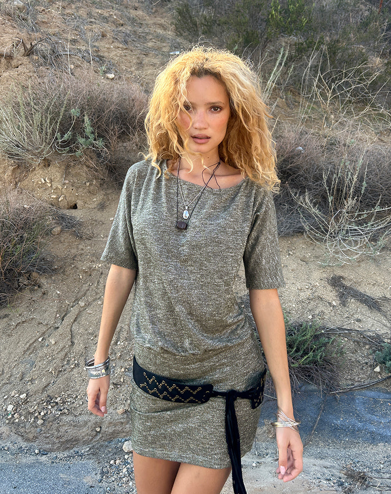 Reeta Mini Dress in Glitter Knit Khaki , Asymmetric