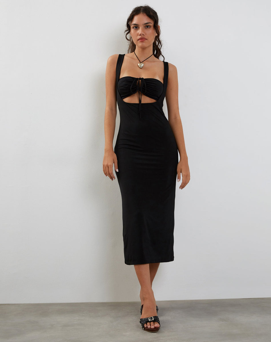knee length dresses for ladies Black Cut Out Detail Bodycon Midi Dress