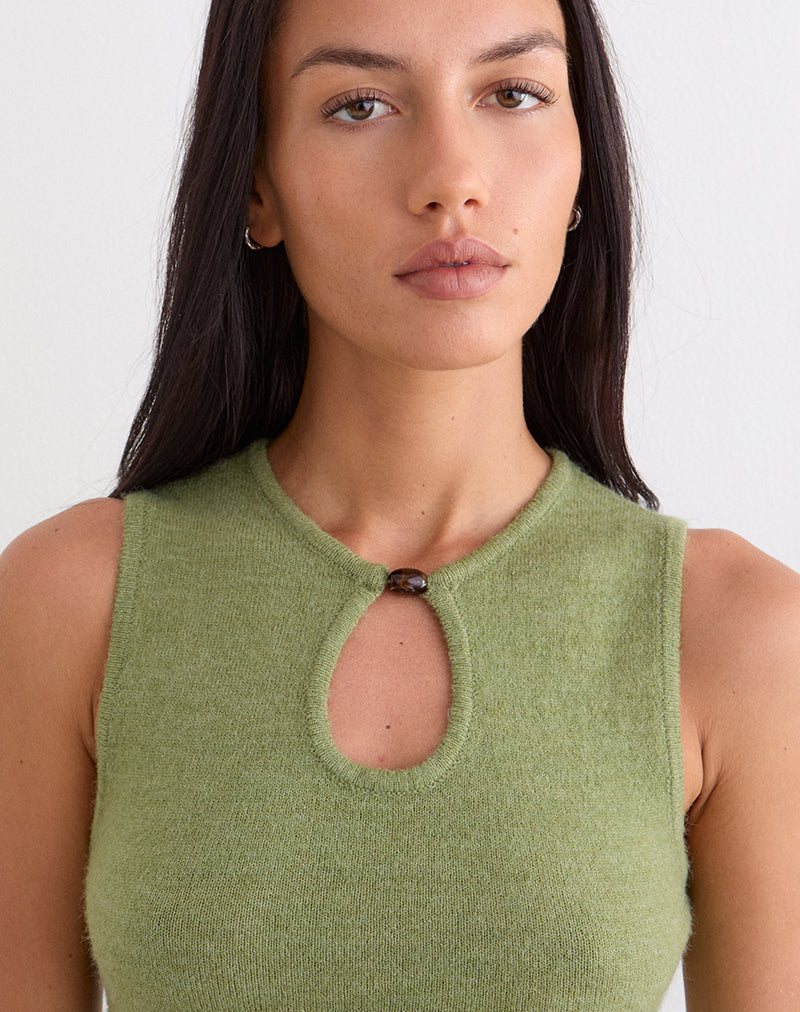 Olive Green Knit Sleeveless Keyhole Top with Bead | Reita