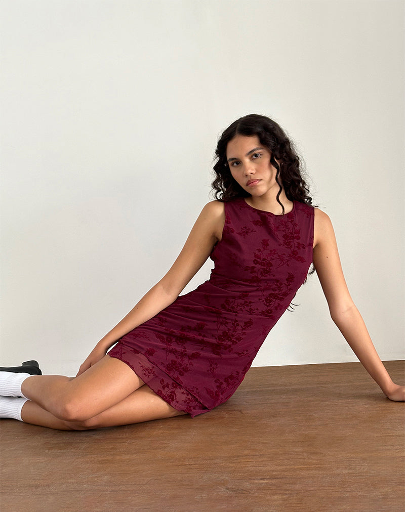 burgundy floral dress short Maroon Red Flocked Botanical Flower Mini Dress