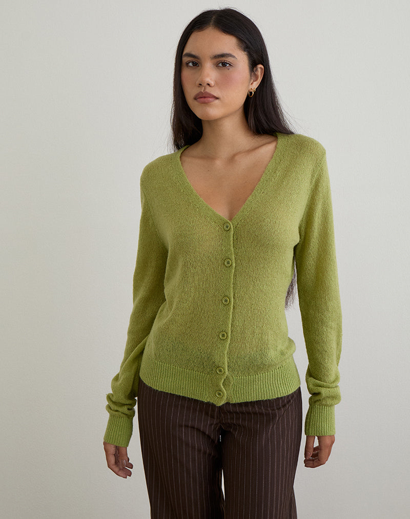 Renisa Cardigan in Sheer Knit Green , Sheer , Long Sleeve , V Neck