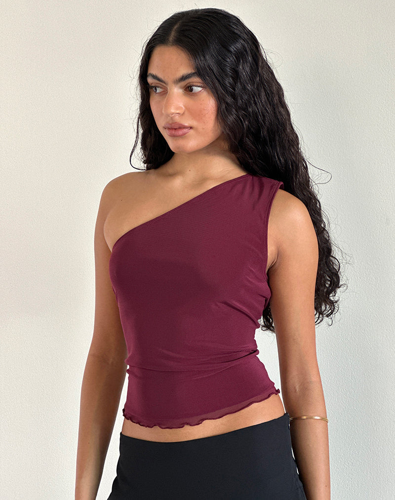 【18％OFF】 One Rhian Shoulder Maroon Mesh in Top トップス