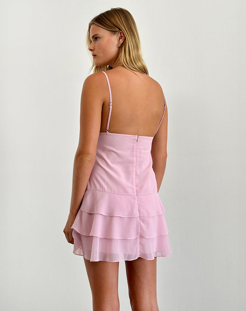 Riasi Ruffle Mini Dress in Chiffon Baby Pink , V Neck Riasi Ruffle Mini Dress in Chiffon Baby Pink , V Neck