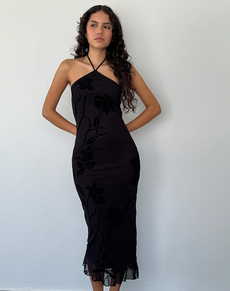 Black Orchids Flock Halterneck Midi Dress | Ribka – motelrocks-com-us