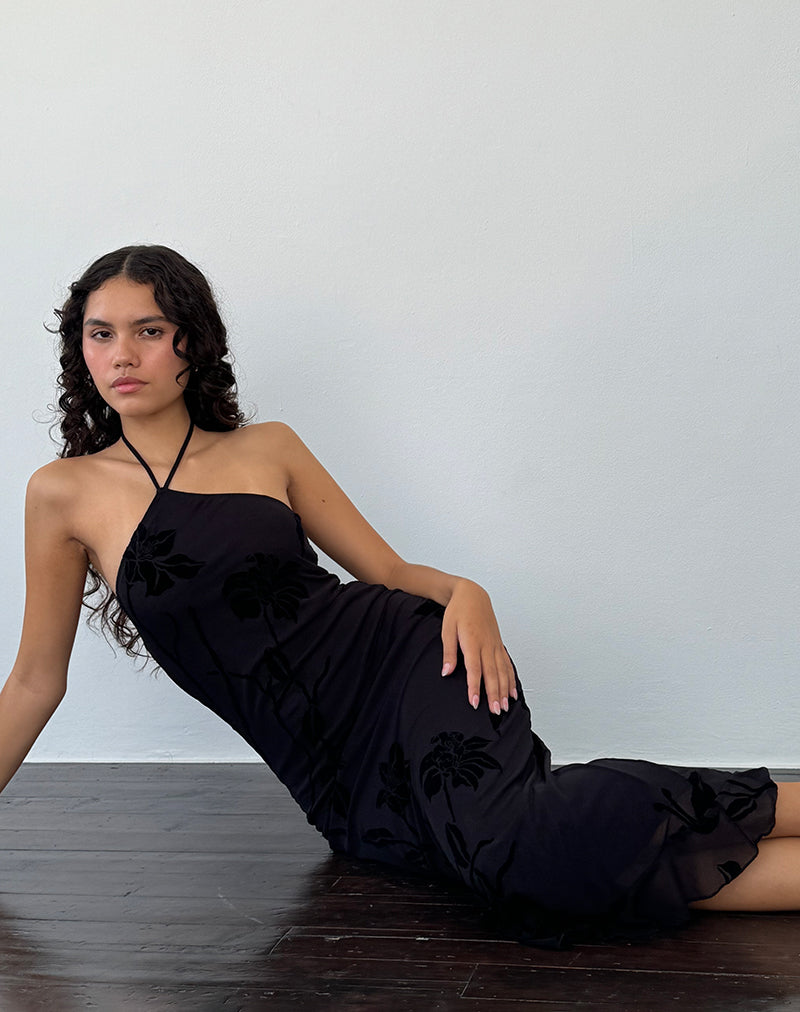 Black Orchids Flock Halterneck Midi Dress | Ribka – motelrocks-com-us