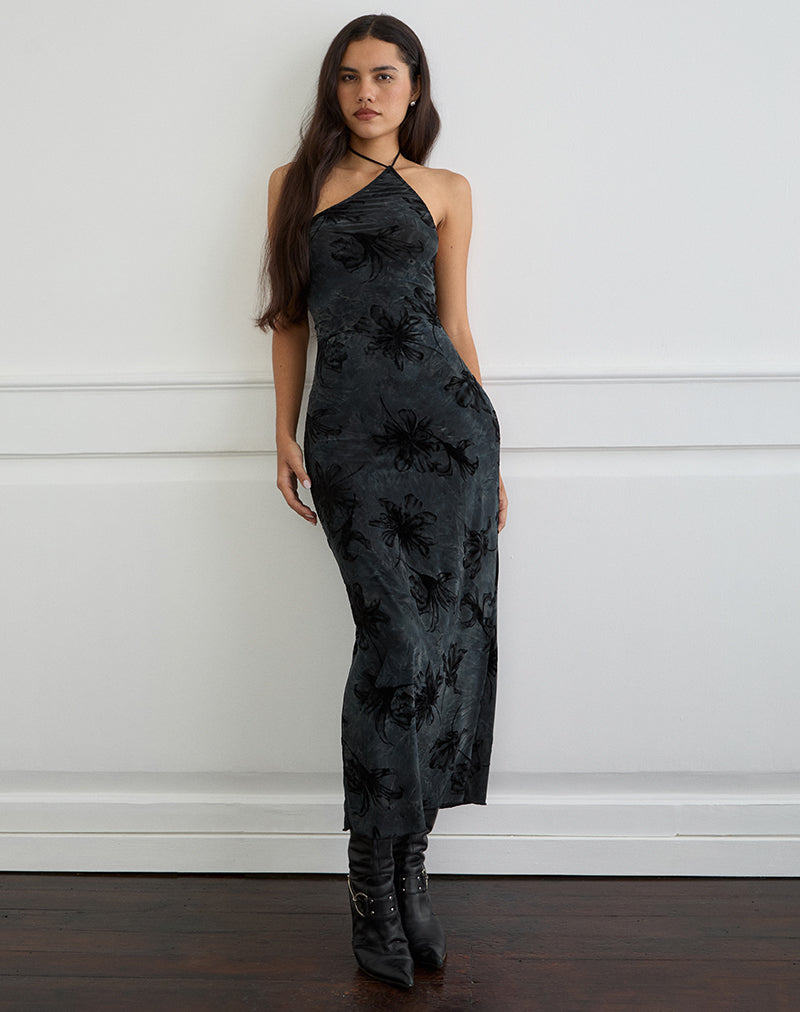 fitted lace wedding dress Waylynn Gray Animal Print Burnout Velvet Detail Mesh Backless Maxi Dress