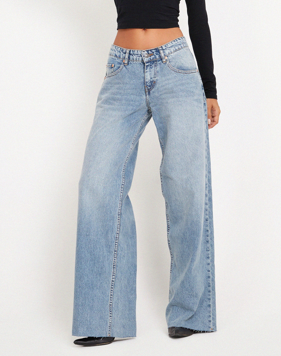 Vintage Blue Wash Extra Wide Raw Hem Low Rise Jeans | Roomy