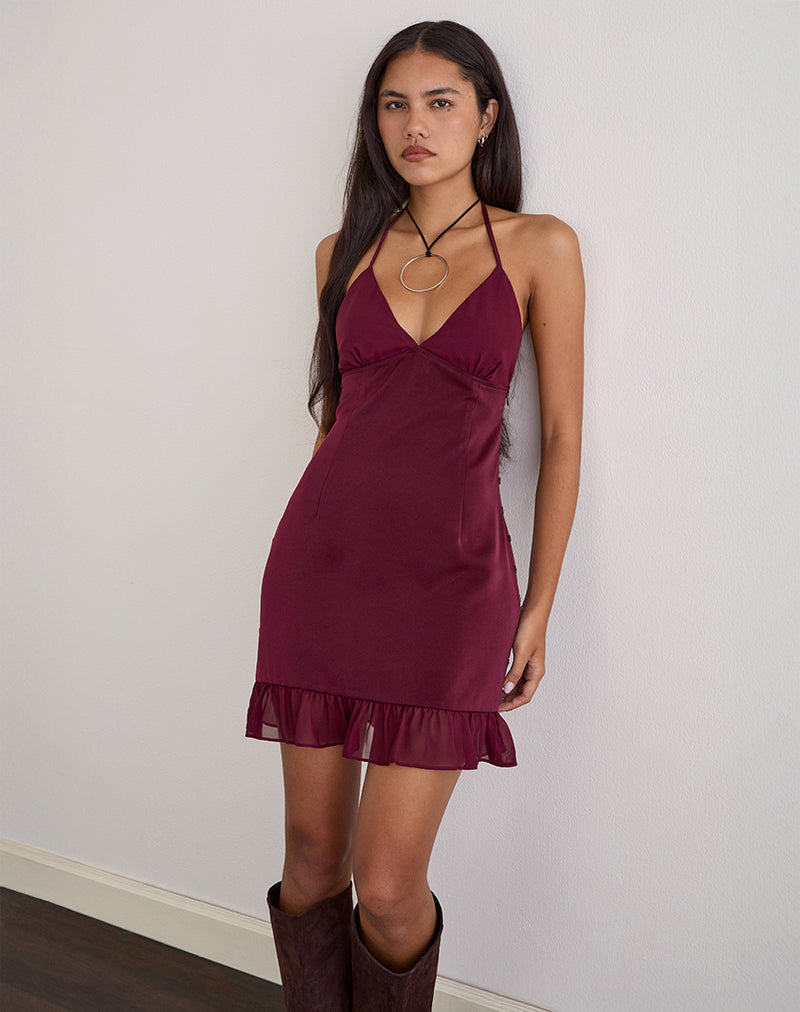 burgundy satin mini dress Rosali in Chiffon , Halter Neck gender:Womens Sheer Mini Dress - The bandeau neckline adds Size:UK16 US12