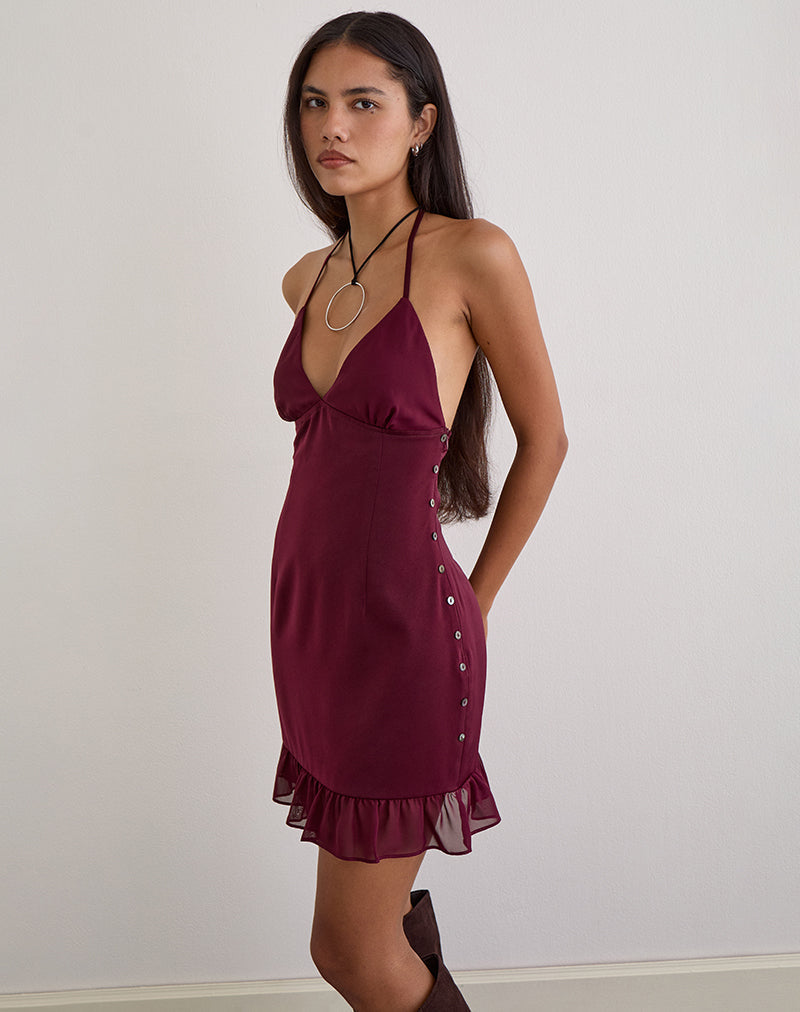 Motel Rosali Halter Neck Chiffon Dress in burgundy-Red