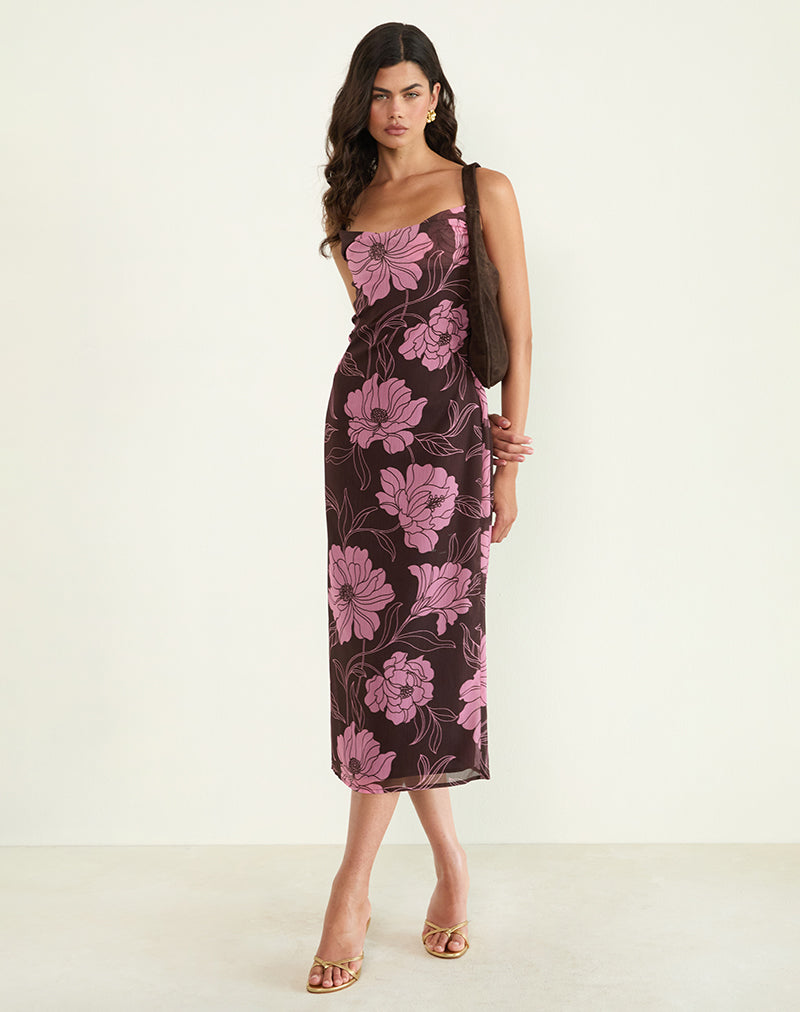 Motel rujira floral cowl front cami midi dress in pink and brown