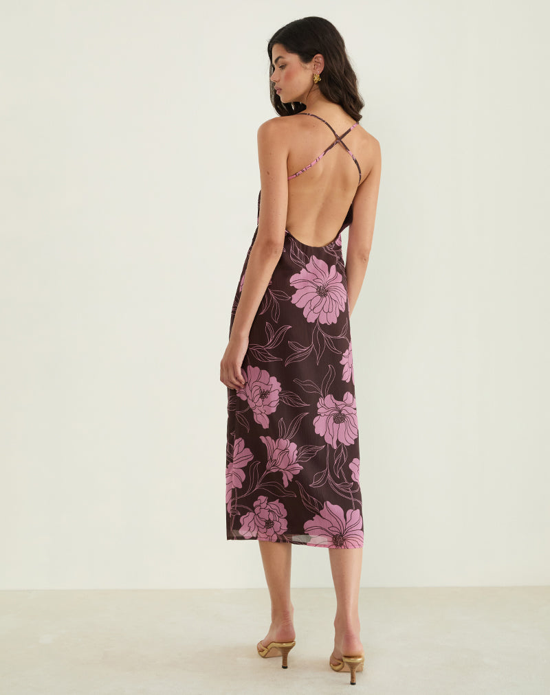 Motel rujira floral cowl front cami midi dress in pink and brown