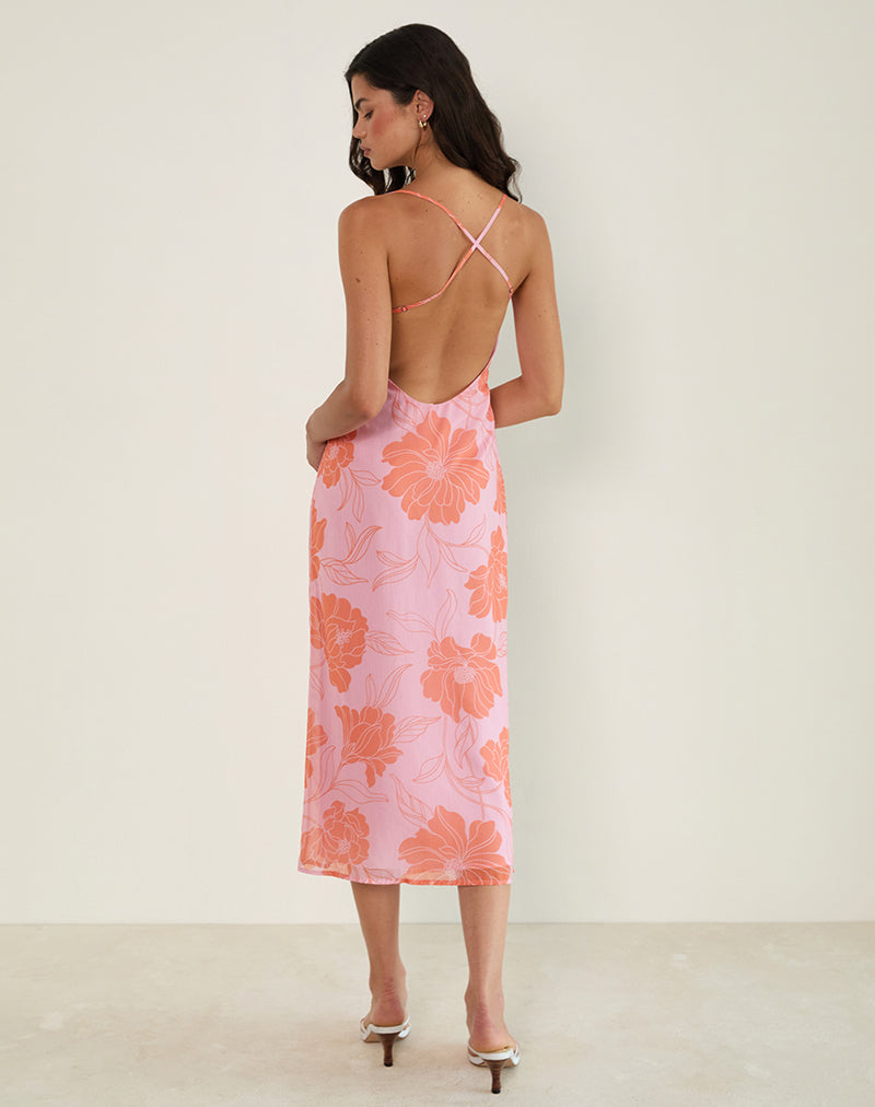 Rujira Cowl Midi Dress in Floral Pink Orange , Zip Up Rujira Cowl Midi Dress in Floral Pink Orange , Zip Up