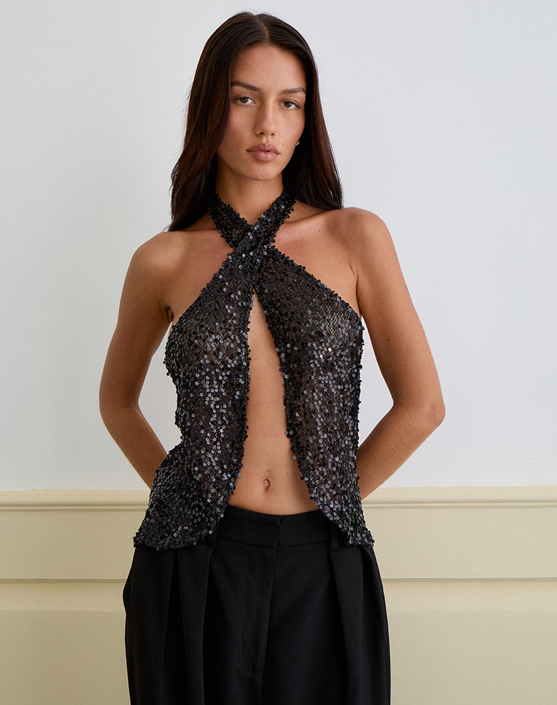 Black Sequin Halterneck Butterfly Top | Ruway – motelrocks-com-us