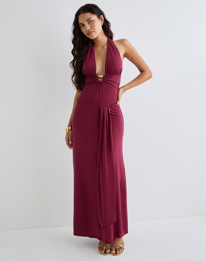 cupro maxi dress Ryoko Maxi Dress in Cupro Burgundy , Halter Neck , Plunge Neckline