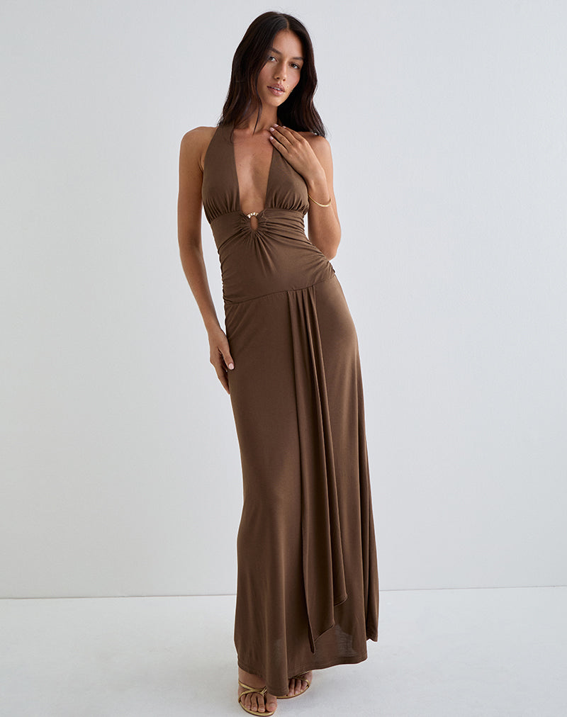 Ryoko Maxi Dress in Cupro Dark Brown , Halter Neck , Plunge Neckline Ryoko Maxi Dress in Cupro Dark Brown , Halter Neck , Plunge Neckline