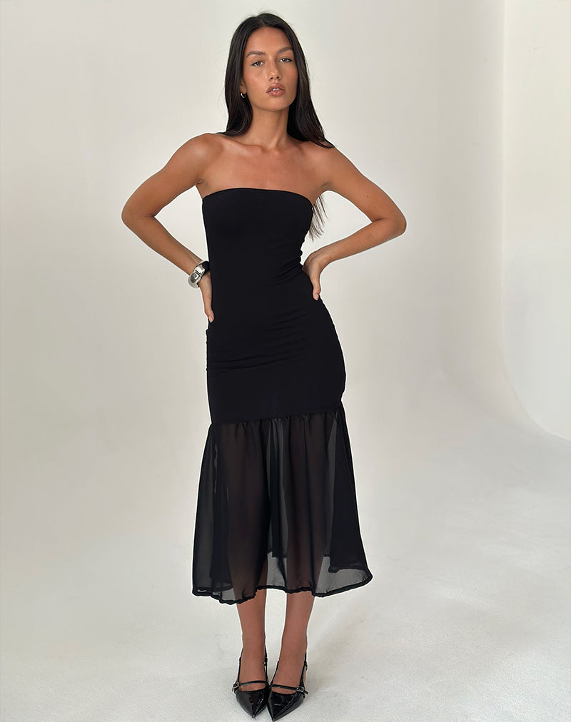 Black Chiffon Jersey Bandeau Midi Dress