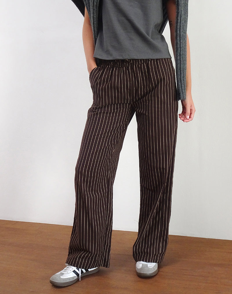 Dark Brown Pencil Stripe Wide Leg Linen Trousers | Wasic