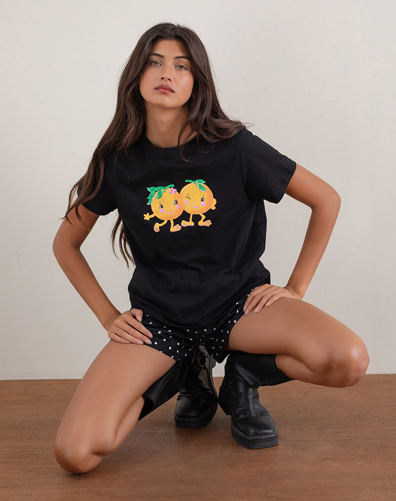 Black Printed Tee with Squeeze Me Orange | Saki – motelrocks-com-us