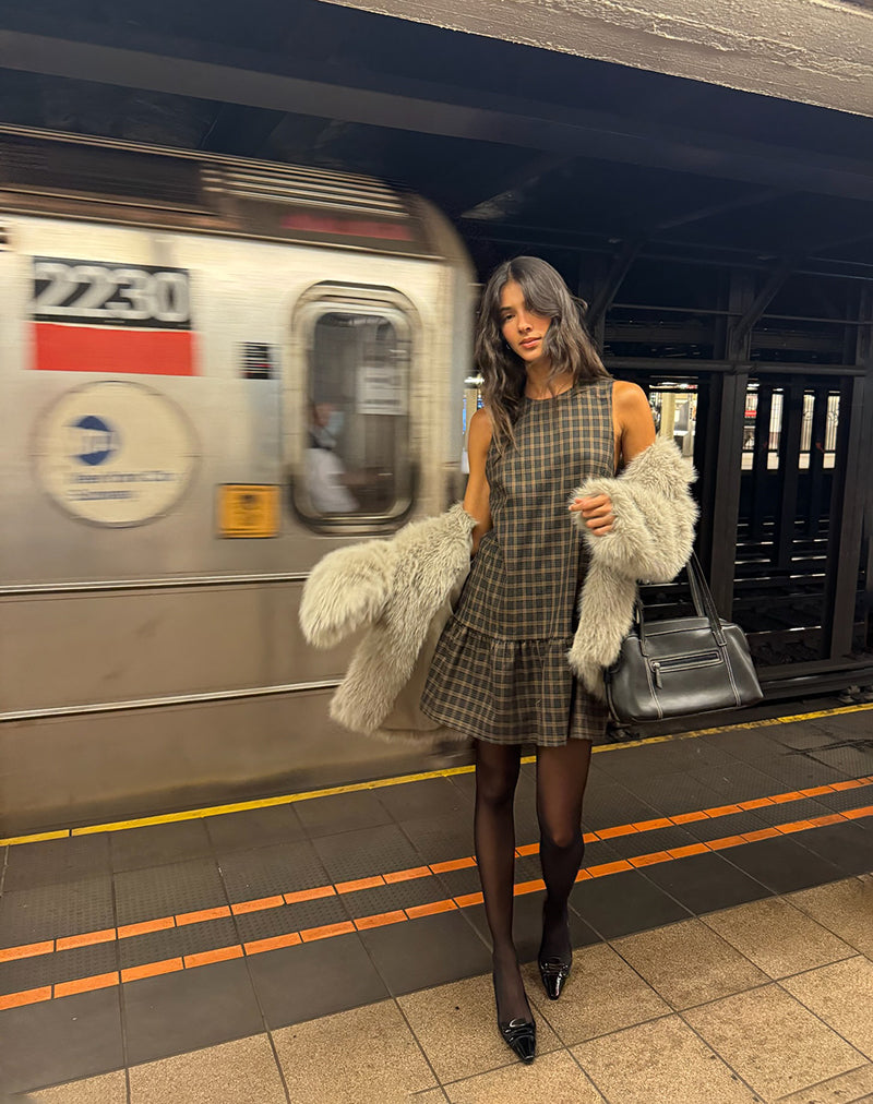 Brown Check Print Sleeveless Babydoll Mini Dress | Samana