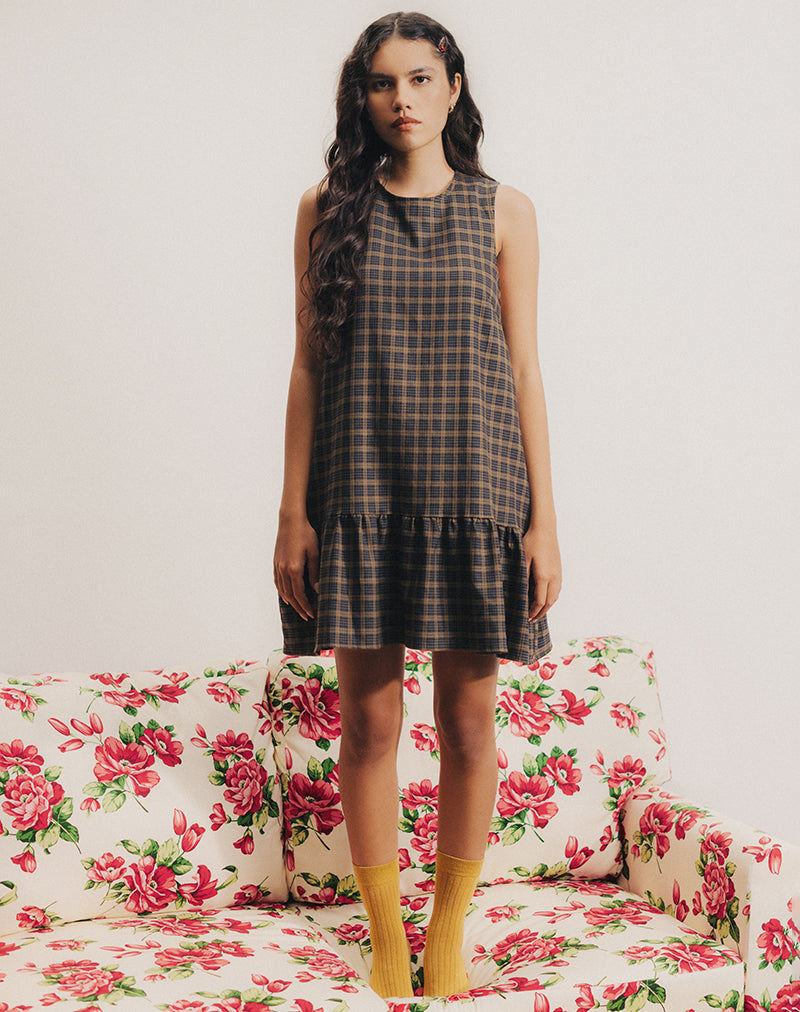 Samana Babydoll Mini Dress in Check Dark Brown Samana Babydoll Mini Dress in Check Dark Brown