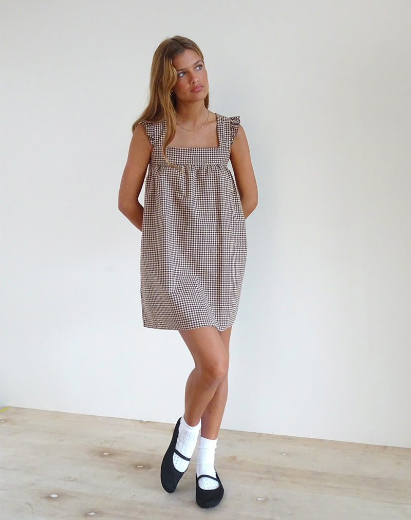 Sanaly Mini Dress in Mini Gingham Brown , Frill , Loose Fit Sanaly Mini Dress in Mini Gingham Brown , Frill , Loose Fit