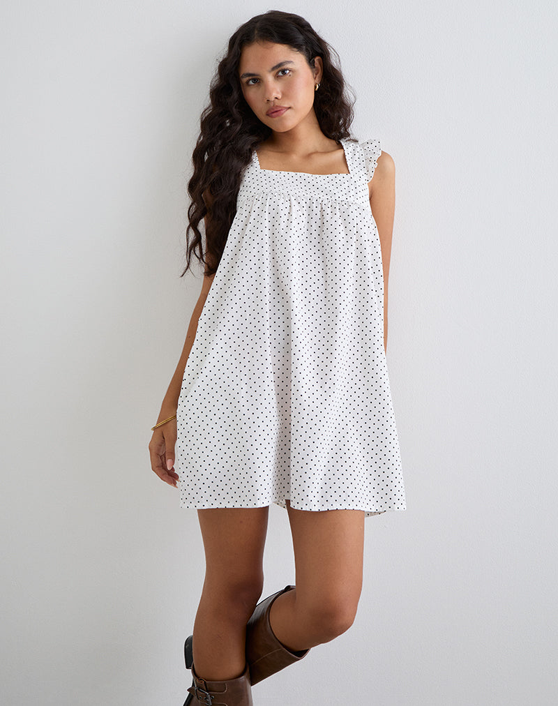 White with Black Micro Polka Dot Smock Mini Dress | Sanaly   motelrocks-com-us