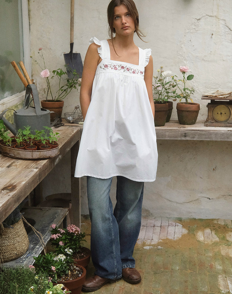 Sanaly Mini Dress in Poplin White with Cherry Blossom Embroidery , Floral , Frill