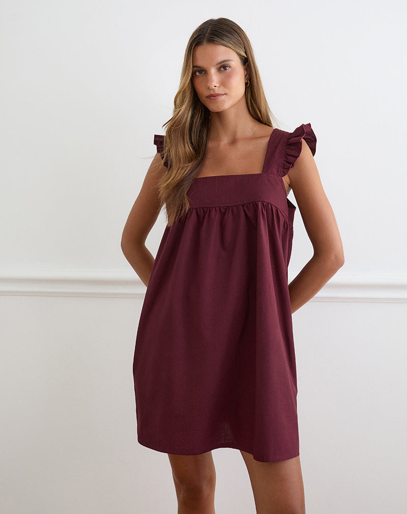 Sanaly Mini Dress in Poplin Maroon , Frill
