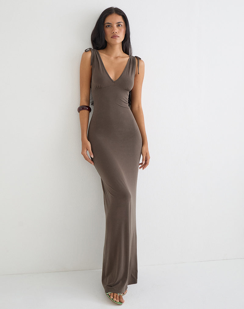 Sanyu Plunge Maxi Dress in Cupro Dark Brown