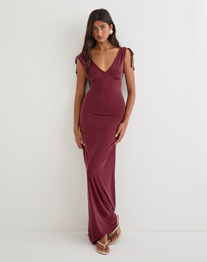 Burgundy Cupro Plunge Maxi Dress