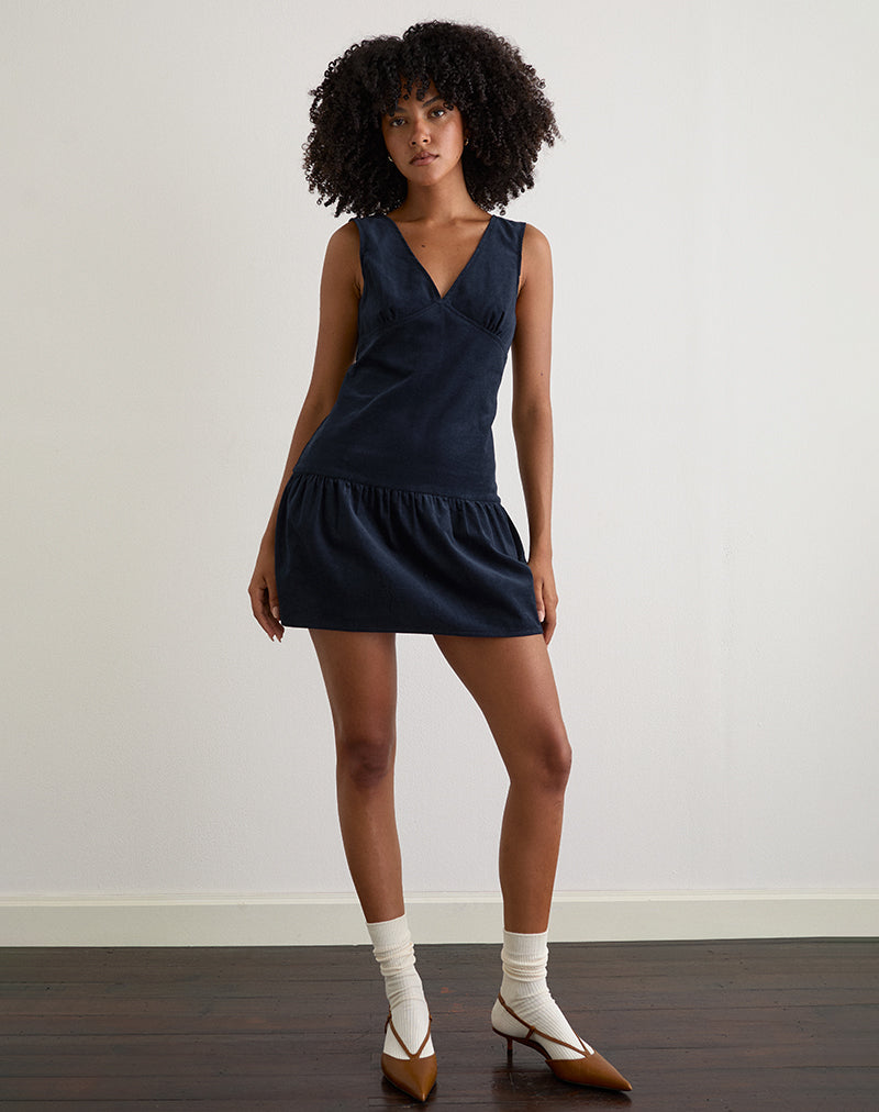 knee length dresses for ladies Sarabi Plunge Mini Dress in Cord Navy , V Neck