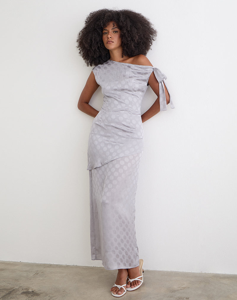 Silver Grey Polka Dot Monochrome Chiffon Maxi Dress