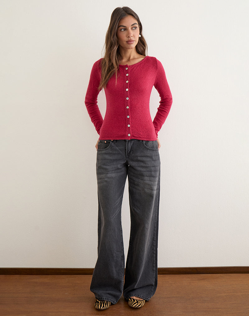 Red Sheer Knit Button Down Long Sleeve Cardigan Top | Sartini