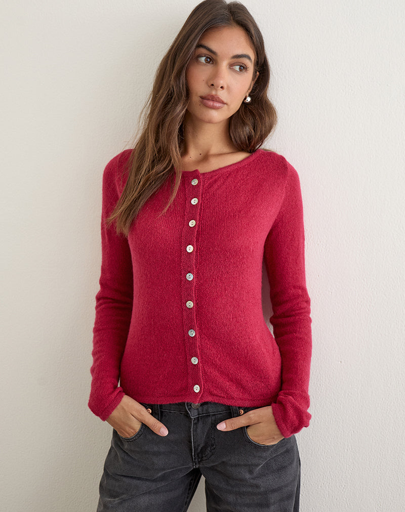Red Sheer Knit Button Down Long Sleeve Cardigan Top | Sartini
