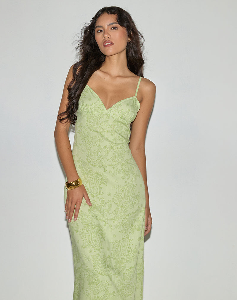 Sastra Midi Dress in Retro Paisley Lime Sastra Midi Dress in Retro Paisley Lime