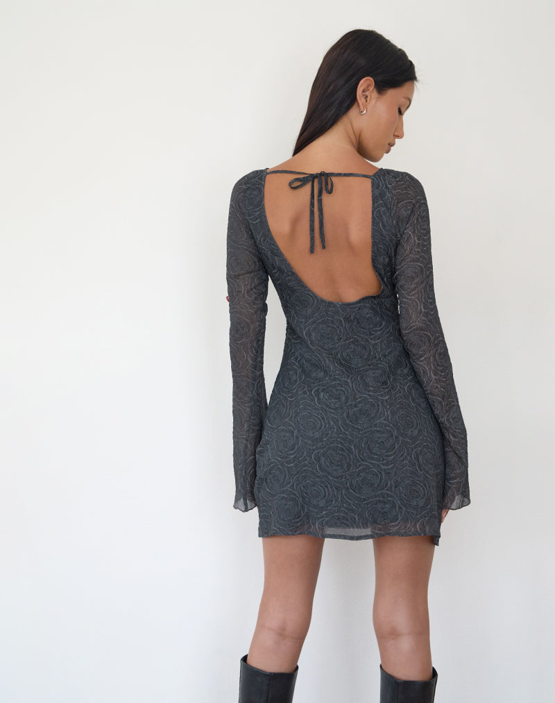 knee length dresses for ladies Sava Open Back Long Sleeve Mini Dress in Black Floral Chiffon , Zip Up