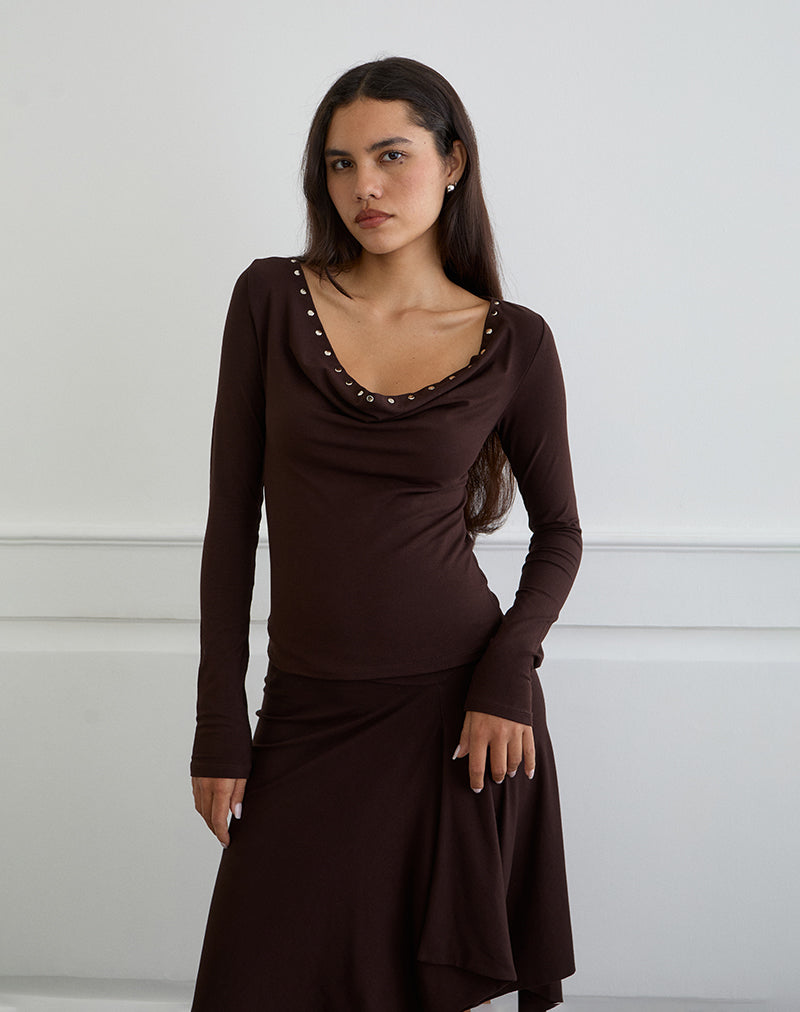 Bitter Chocolate Brown Long Sleeve Cowl Neck Top with Studs
