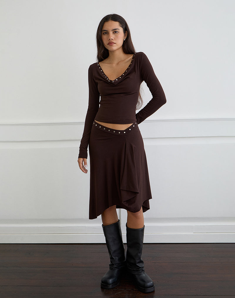 Emera Midi Skirt with Studs in Bitter Chocolate