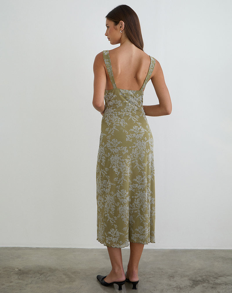 green petal dress Selayu Midi in Moss Olive , V Neck High Low