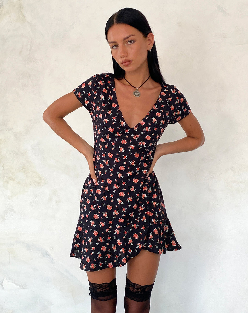 Flowing Rose Black Mini Dress | Seleg – motelrocks-com-us
