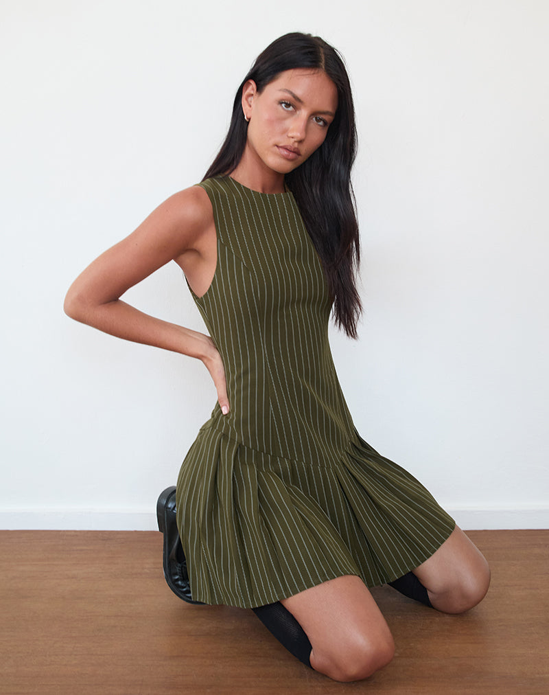 Semasa Mini Dress in Khaki Pinstripe Semasa Mini Dress in Khaki Pinstripe