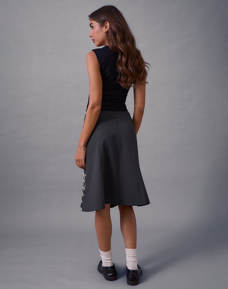 Charcoal Grey Vine Flower Embroidered Midi Skirt | Sepzhi
