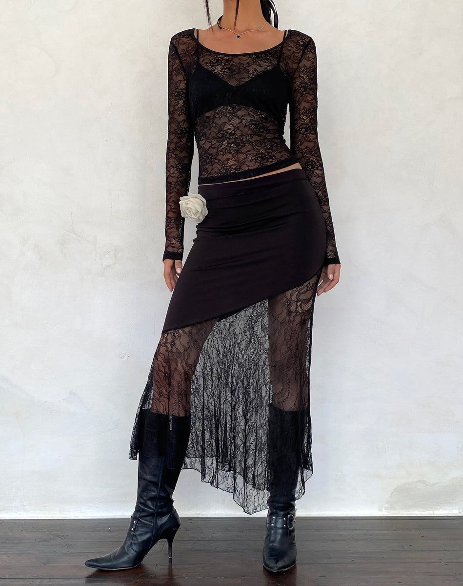 Black Lace Panel Maxi Skirt | Seraphina – motelrocks-com-us