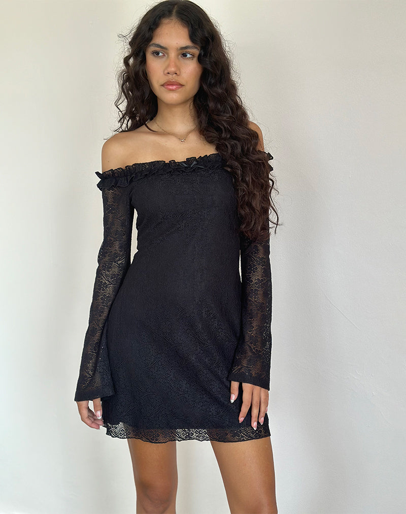 Black Lace Bardot Mini Dress | Severine motelrocks-com-us Black Lace Bardot Mini Dress | Severine motelrocks-com-us
