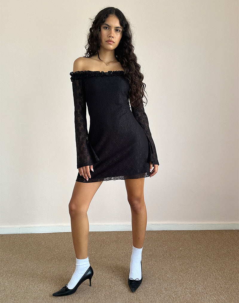 Severine Bardot Mini Dress Lace Black Severine Bardot Mini Dress Lace Black